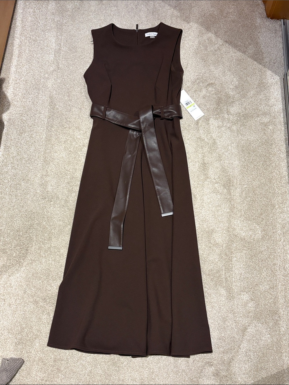 Chocolate Brown Sleeveless Midi Dress with Faux Leather Tie Belt
